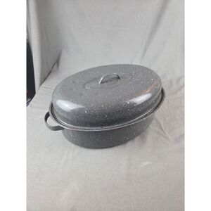 Enamelware Roaster Gray Speckled Oval USA Large 16.5"x 12.5" Vintage 1960's